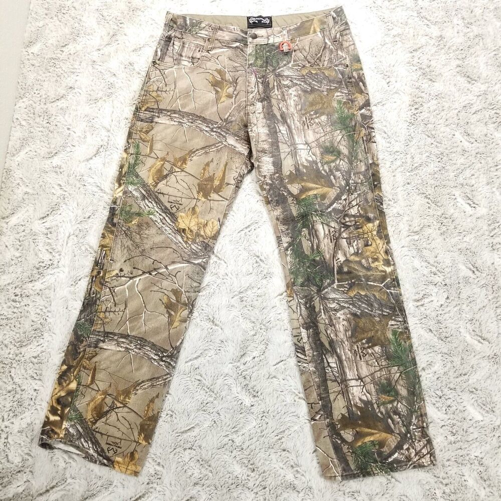 Realtree Camo Jeans Hunting Mens 36x34 Brown Straight Relaxed Dark‎ Wash
